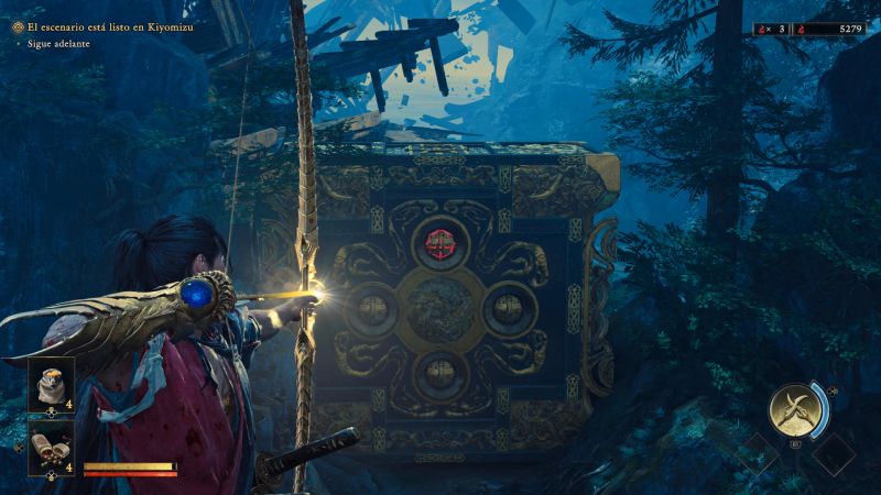 Vista en primera persona apuntando un Arco Oni dorado con una flecha brillante hacia un mecanismo en forma de caja ornamental antigua con glifos demoníacos.