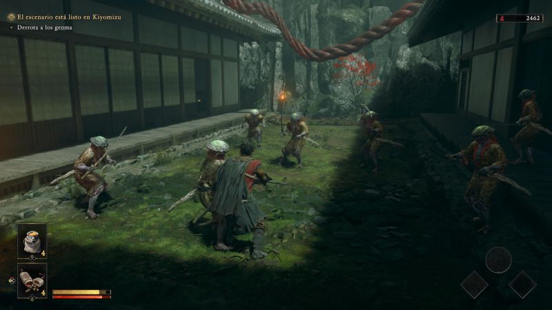 Musashi enfrentándose a un grupo numeroso de enemigos Genma vestidos con armaduras samurái en el patio de un templo tradicional japonés iluminado por la luz del día.