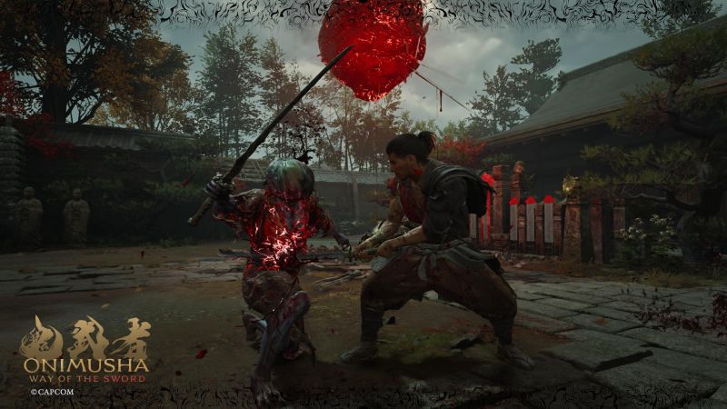 Captura cinematográfica en la que Musashi atraviesa a un demonio Genma con su katana mientras una gran masa de energía roja flota sobre ellos.